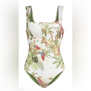 Farm Rio Hidden Paradise Parrot Printed Button Swimsuit/ Bodysuit